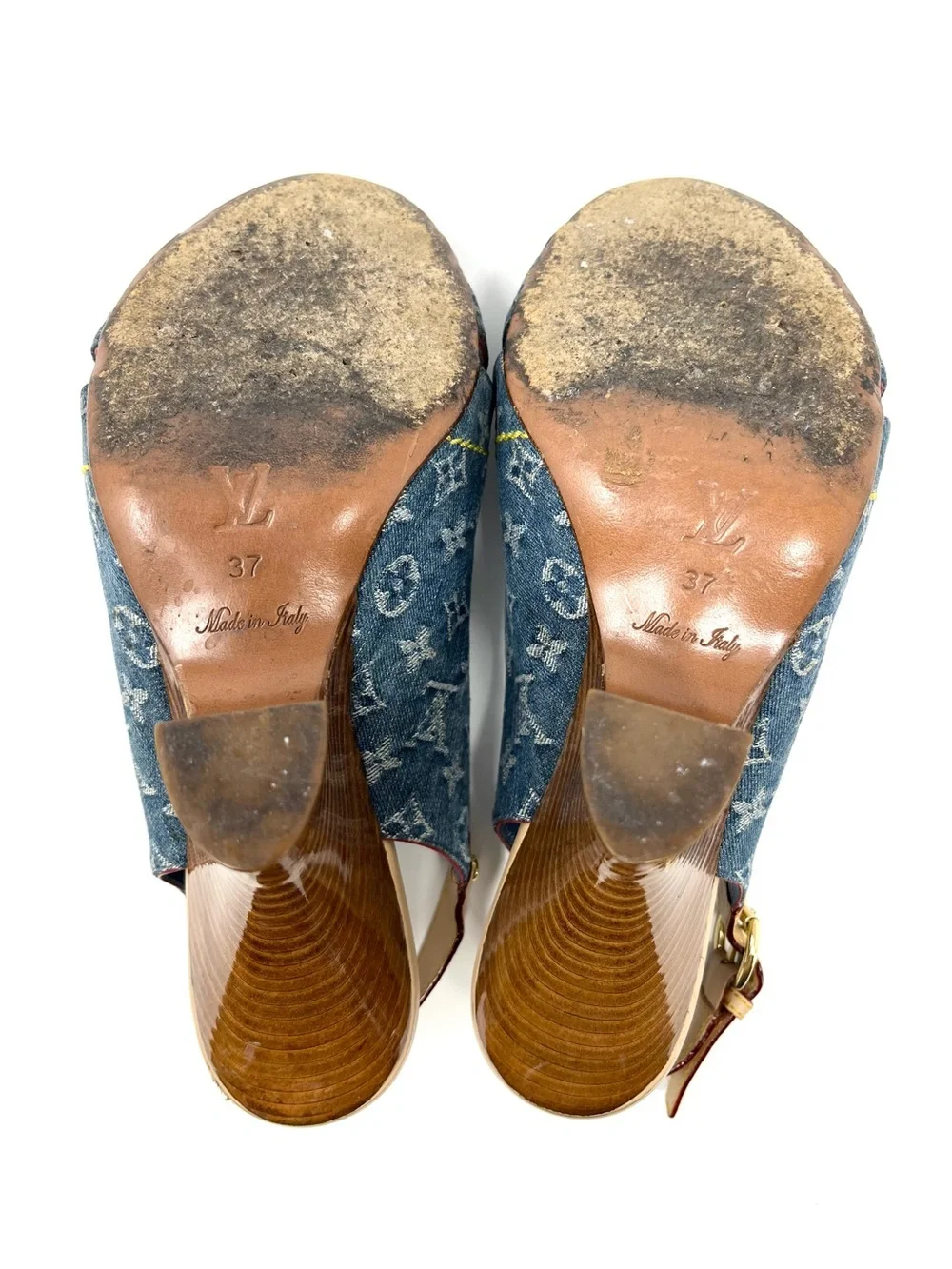 Vintage Vtg Louis Vuitton Blue Denim Logo Monogram Slingback Sandals Heels 37 7